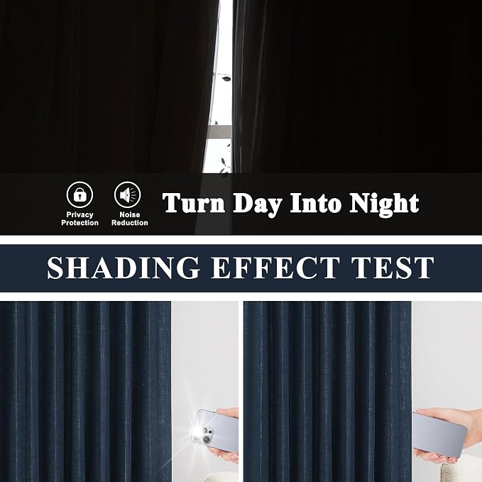 Vision Home Navy Blue Pinch Pleated Full Blackout Curtains Linen Blended Room - Image 3