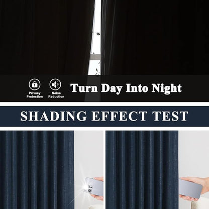 Vision Home Navy Blue Pinch Pleated Full Blackout Curtains Linen Blended Room - Image 3