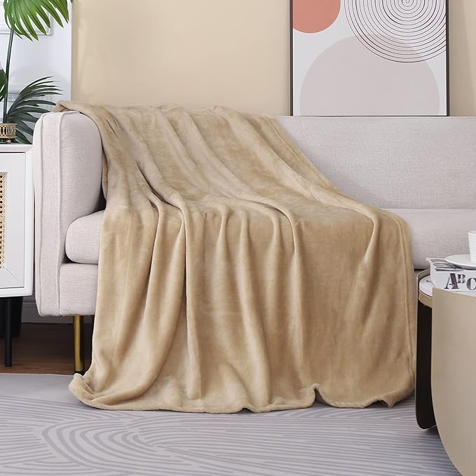 Beige Fleece Plush Throw Blanket 60"x80"for Couch Sofa Fuzzy Cozy Flannel | - Image 2