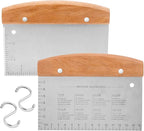 Bench Scraper Set of 2, HaSteeL Metal Dough Scraper Cutter Pastry Chopper with Wooden Handle, Heavy Duty Stainless Steel Griddle Scraper with Measuring Marks for Cooking Baking Grilling