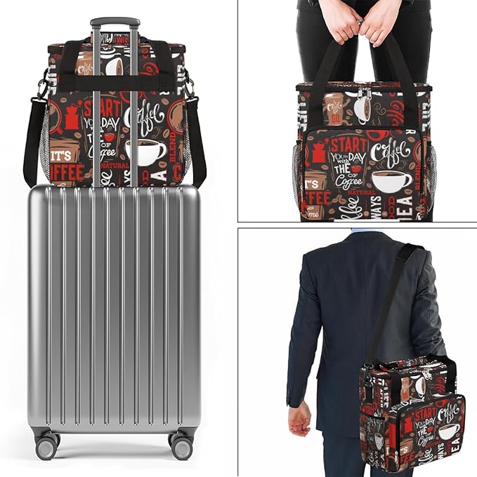 Brown and Red Coffee Cafe Coffee Maker Carring Bag Travel Carrying Storage Tote Bag Compatible with Keurig K-Mini or K-Mini Plus Portable Single Serve Coffee Brewer Case with Pockets for K-cup Pods