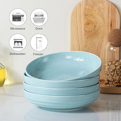 HAPPY KIT Stoneware Pasta Bowl Set of 4, 9'' Large Salad Bowls,42 Oz, Reactive Glaze Serving Bowls, Microwave Dishwasher Safe, Ocean Current Blue