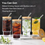16OZ Ribbed Glass Cups with Lids and Straws,Iced Coffee Cups with Bamboo Lid,Vintage Glassware for Whiskey Cocktail Beer Fruit Juice Glasses Tumbler(4 Pack)