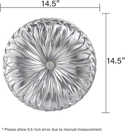 HIG Set of 2 Silver Metallic Leather Decorative Round Pleated Throw Pillows | - Image 5