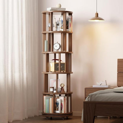 Muwuele Solid Wood Rotating Bookshelf on Wheels, 5 Tier, Round Revolving - Image 8