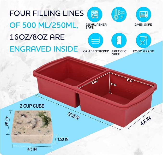 Silicone Freezer Trays with Lid,2-cup Soup Freezer Container large Ice Cube Molds with Reinforced Steel Ring Top for freezing Soup Sauce Broth Leftovers oven Dishwasher -Safe (red)