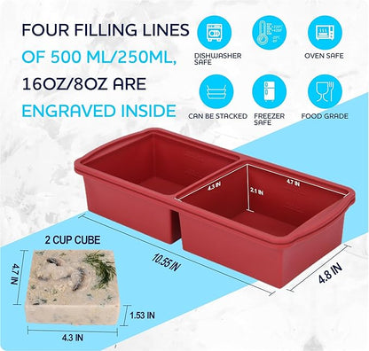 Silicone Freezer Trays with Lid,2-cup Soup Freezer Container large Ice Cube Molds with Reinforced Steel Ring Top for freezing Soup Sauce Broth Leftovers oven Dishwasher -Safe (red)