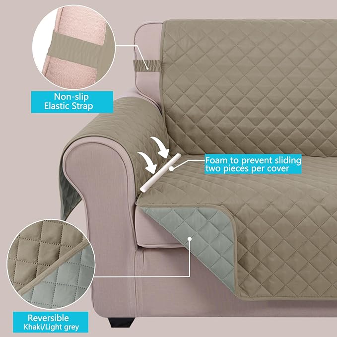 U-NICE HOME Reversible Recliner Chair Covers, Khaki/Light Grey | 23''Armchair - Image 4