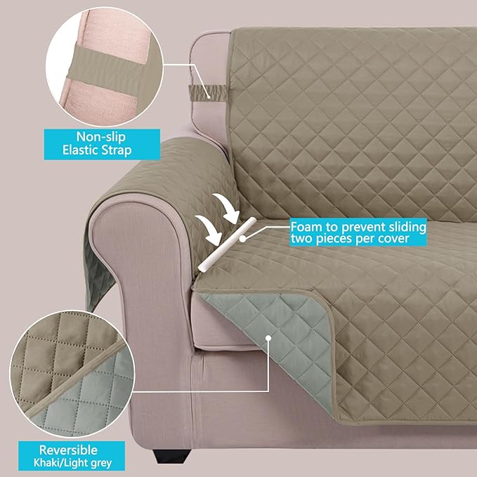 U-NICE HOME Reversible Recliner Chair Covers, Khaki/Light Grey | 28''Recliner - Image 4