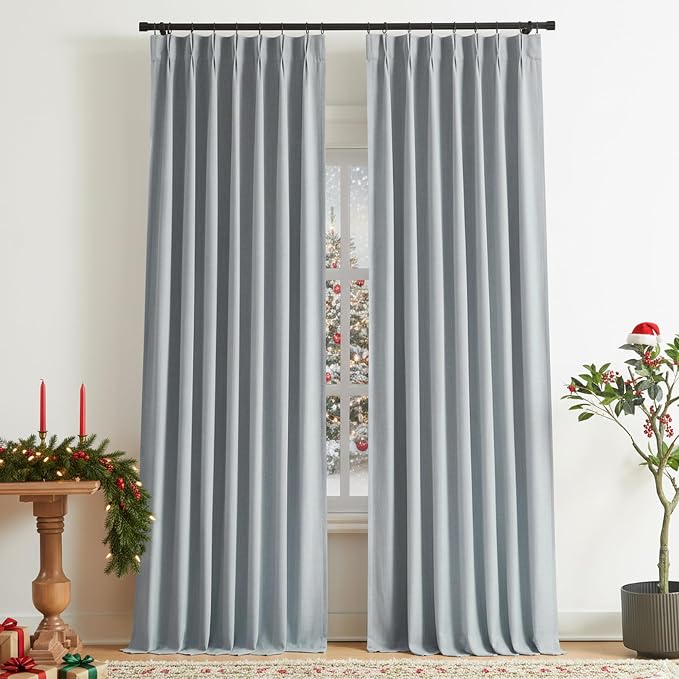 Vision Home Blue Gray Pinch Pleated Full Blackout Curtains Linen Blended Room - Image 8