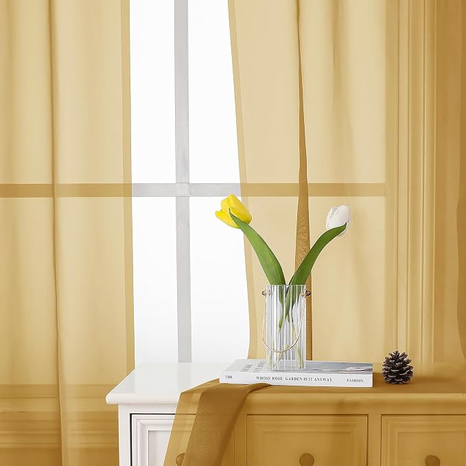 Gold Sheer Curtains 84 Inches Long 2 Panels, Light Filtering Airy Voile Window - Image 8