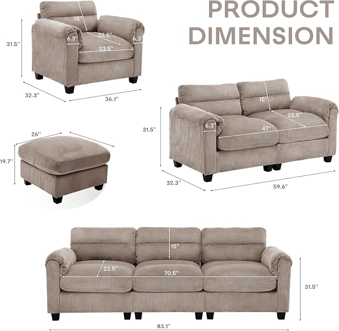 HAOMARKETS Corduroy Sofa Set, Upholstered Ottoman, Modern Loveseat and 3-Seater - Image 2