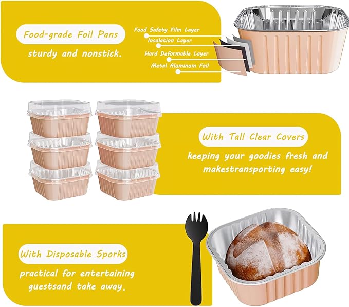 25 Pack Square Mini Cake Pans with Lids,Mini Loaf Pans with Lids,Aluminum Foil Baking Cups,Disposable Ramekins Cupcake Cups,Dessert Cups for Wedding Birthday Party,5oz (Champagne)