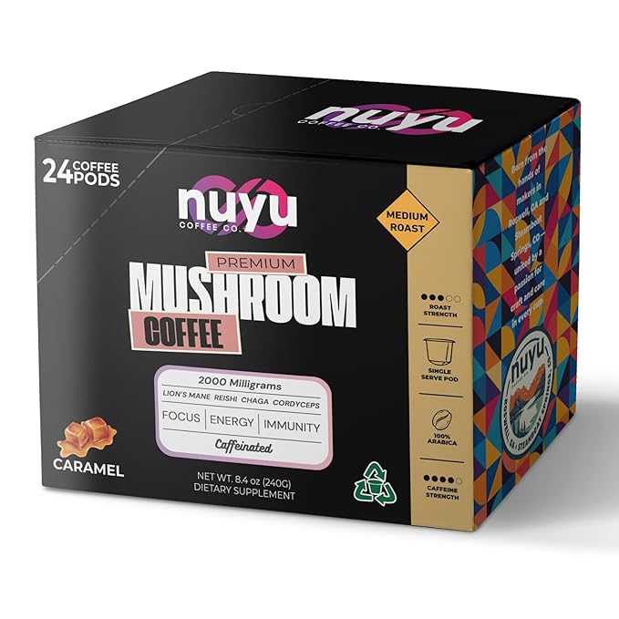Nuyu Mushroom Coffee Pods, K-Cups, 100% Medium Roast Arabica Coffee with Lion's Mane, Reishi, Chaga, Cordyceps, 2000mg per Pod (24, Caramel)