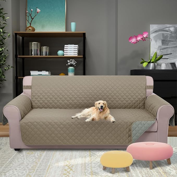 U-NICE HOME 4 Seater Sofa Cover 91''Large Couch Cover, Khaki/Light Grey | - Image 2