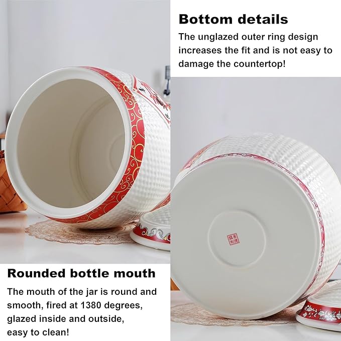 Chinese Sealed Large-Capacity Rice Pot, Ceramic Rice Bucket With Tassel Design, Grain Storage Ceramic Container, Rice Dispenser Airtight Storage Bucket For Grains Snacks Candy Coffee Beans Food(B,Capa