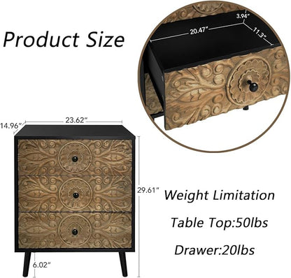 Carved Black Wood Nightstand, 3 Drawers Accent Cabinet, Vintage End Table - Image 2