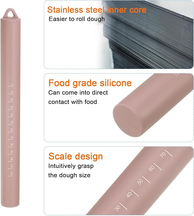 HARFINGTON 2pcs Silicone Rolling Pin 10" Stainless Silicone Surface Non-Stick Stainless Steel Inner Core Dough Roller Kitchen Roller for Baking Pastry Pizza Fondant Bread, Pink,Blue