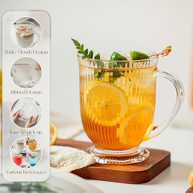 Clear Ribbed Glass Coffee Mugs Set of 4 with Spoon,16 Oz Large Glass Tea Cups with Handle Diner Latte Cups with Footed Base for Hot Beverages,Cappuccino & Espresso Cups, Stylish Drinkware