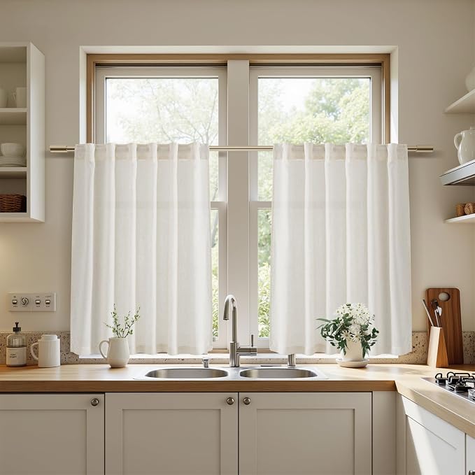 Cafe Linen Curtains 40 Inch Length Cream Privacy Semi Sheer Light Filtering - Image 5