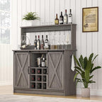4ever2buy Farmhouse Coffee Bar Cabinet with Sliding Barn Doors, 50 Inch Coffee Bar Hutch with 6 Hooks and 9 Mug Rack, Hutch Cabinet with Storage for Living Room, Wash Grey