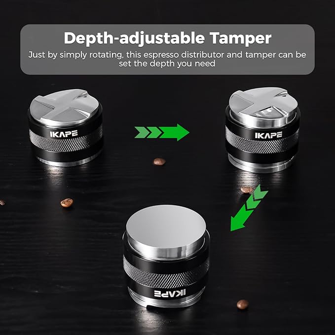 IKAPE Coffee Products, 53mm Coffee Distributor & Hand Tamper, Adjustable Depth Espresso Distributor Fits All 53mm Espresso Portafilter, Compatible with 54MM Breville Bottomless Portafilter (Black)