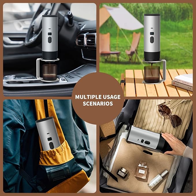 3-in-1 Portable Coffee Maker, Espresso Machine, Self-Heating Travel Coffee Maker Compatible with NS, DG Pods & Ground Coffee, Small Mini Espresso Machine for Car Camping, Hiking With Stand (grey)