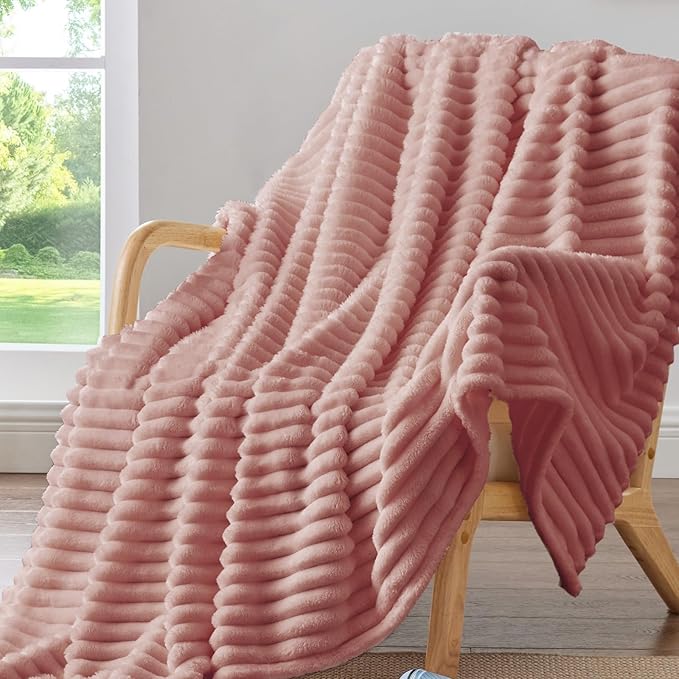 BEDELITE Striped Fleece Throw Blanket, Dusty Pink, Soft Cozy, Lightweight Warm by BEDELITE