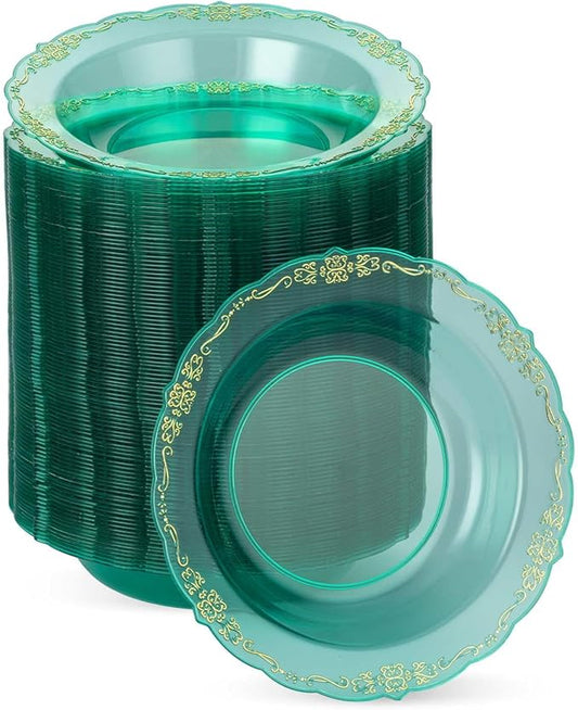 100 Pack Clear Green Plastic Bowls with Gold Rim, 12oz Plastic Salad Bowl, Disposable Bowls for Party, Dinners, Weddings, Christmas, Thanksgiving