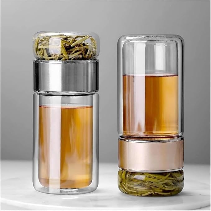 QUROXO 2025 New Tryteava Glass Infuser, Teava 3-In-1 Smart Tea Infuser with Cup Brush, Double-Layer Borosilicate Glass Tryteava Tea infusers Separation Cup (Gold, 280ml (9.5oz))