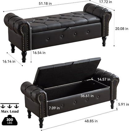 Storage Bench for Bedroom, Faux Leather 51" End of Bed Bench, Queen Size Bench - Image 2