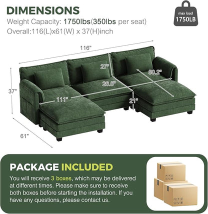 ELUCHANG 116" U Shaped Modular Sectional Cloud Couch - Image 2