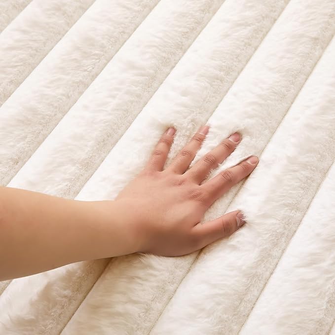 Creamy White Rabbit Striped Plush Rug 2'x3', Fluffy Faux Fur Shaggy Area Rug - Image 5