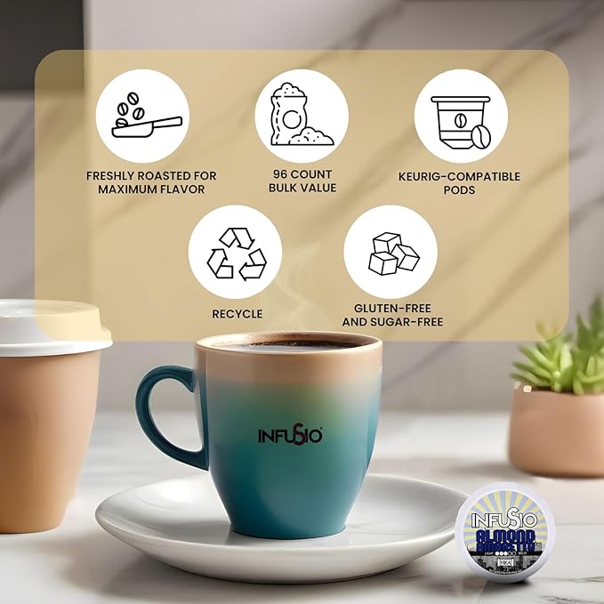InfuSio Almond Amaretto Coffee pods, Single Serve Flavored Coffee Pods for Keurig K Cups Brewers - Premium Roasted 96 count