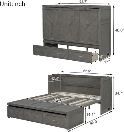 KEIKI Queen Murphy Bed Cabinet Charging Station & Geometrical Panel, Pine Wood - Image 2