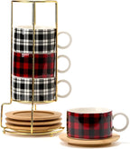 LUKA Porcelain Espresso Cup with Metal Stand,6 Ounce Stackable Ceramic Demitasse Espresso Mugs Cappuccino Cups Set for Latte,Coffee,Cafe Mocha,Tea - Set of 4 (Plaid Red & Gray)