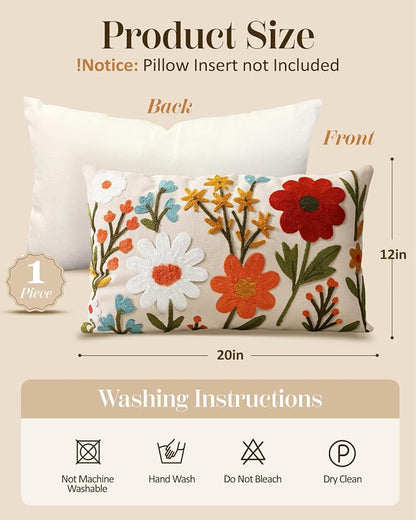 Embroidered Lumbar Pillow Cover 20x12 Inch, Flower Cluster | Decorative Throw - Image 4
