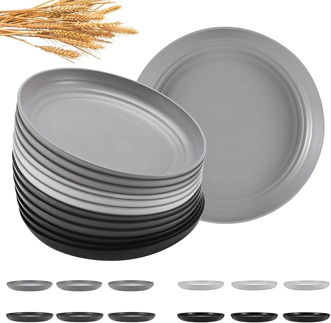 12 Pcs Unbreakable Deep Dessert Plates Set, 8 inch Reusable Plastic Wheat Straw Plates, Microwave and Dishwasher Safe Plate for Kitchen, Lightweight Plate for Dessert, BPA Free, 4 Colors