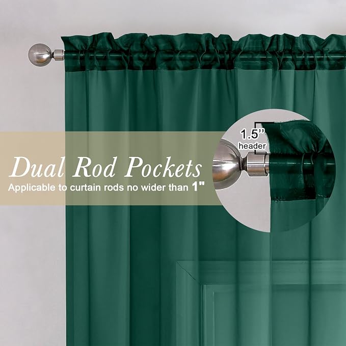 Hunter Green Sheer Curtains 84 Inches Long 2 Panels Set, Rod Pocket Window - Image 2