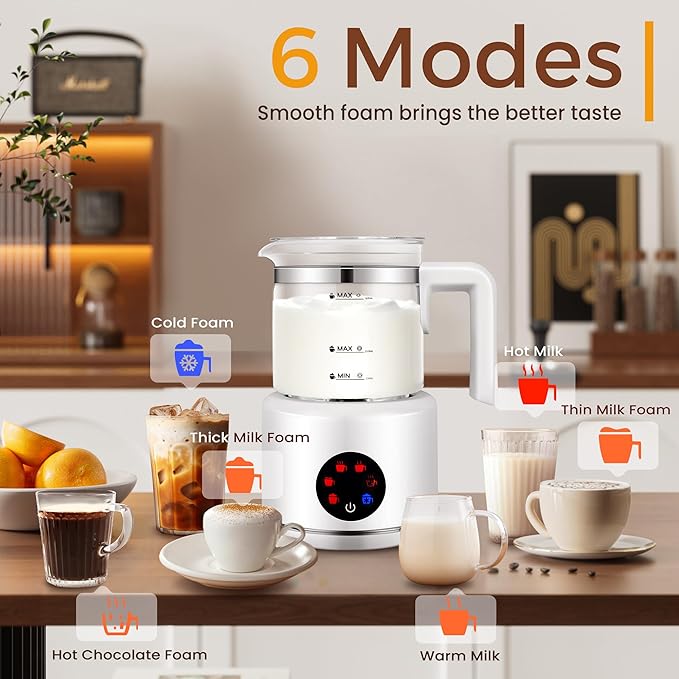 Milk Frother and Steamer, 6 in 1 Milk Steamer and Milk Warmer, 17oz Auto Shut Off Electric Frother with Touch Screen, Hot/Cold Foam Maker for Coffee, Latte, Cappuccino, Hot Chocolate