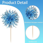 40 PCS Foil Firework Cupcake Toppers Light Blue Sparkler Cupcake Picks Sparkle Tinsel Fireworks Decorations Cocktail Fruit Toothpick for Firework Theme Birthday Wedding Graduation Party Decor Supplies