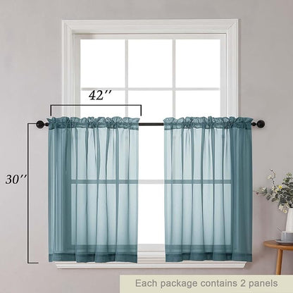 Dusty Blue Kitchen Curtains 30 Inch Length Tier 2 PCS, Solid Soft Half Curtains - Image 2