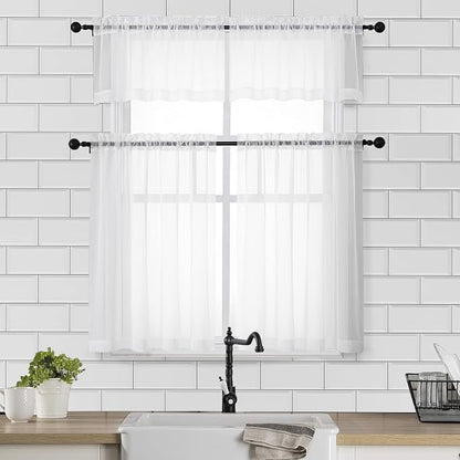 Chyhomenyc White Sheer Curtains 30 inch Length 2 Panels | Light Filtering - Image 2