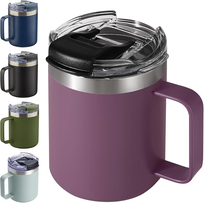 ALOUFEA 12oz Insulated Coffee Mug Cup with Handle, Stainless Steel Travel Coffee Mug with Flip Lid, Double Wall Vacuum Coffee Tumbler,Plum