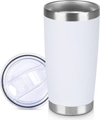 20 oz Tumbler Stainless Steel Tumblers Bulk with Lid Double Wall Insulated Coffee Tumbler Cups for Hot & Cold Drinks Powder Coated Travel Coffee Tumbler Mug Metal (White, 1 pack)