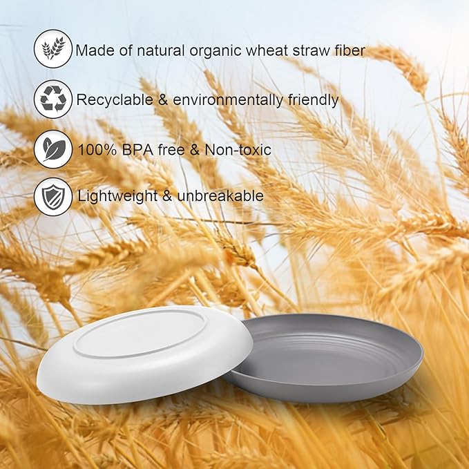 12 Pcs Unbreakable Deep Dinner Plates Set, 9 inch Reusable Plastic Wheat Straw Plates, Microwave and Dishwasher Safe Plate for Kitchen, Lightweight Plate for Dessert, BPA Free, Light Gray