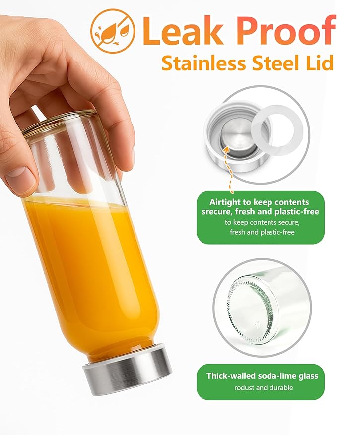 Zukro Glass Water Bottles with Lids 10 oz, Reusable Clear Juice Bottles With Stainless Steel Airtight Cap for Juicing, 100% Leak Proof Juice Drinking Jar for Ginger and Milk, BPA Free