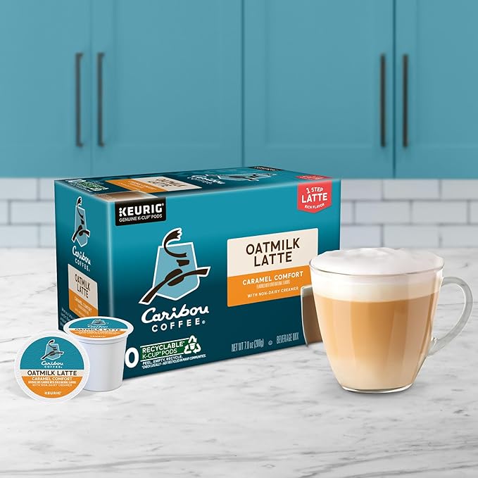 Caribou Coffee Caramel Comfort Oatmilk Latte, One Step Latte Single Serve Keurig K-Cup Pods, 60 Count (6 Packs of 10)