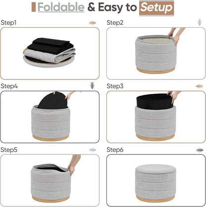 Round Storage Ottoman with Tray Lid, Folding Chenille Fabric Footrest with - Image 7