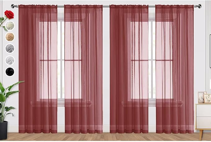 SpaceDresser Burgundy Sheer Curtains 4 Panels Rod Pocket Semi-Sheer Curtain 90 by SpaceDresser